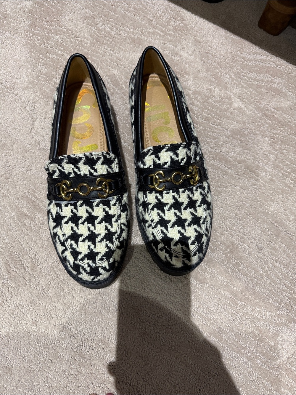 Circus by Sam Edelman Black & White Houndstooth Loafers with Gold Bit